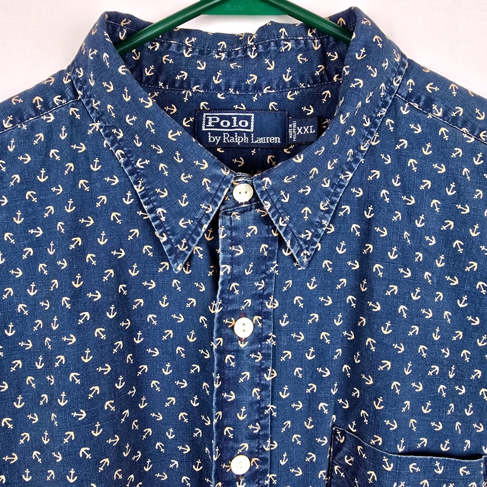 Polo Ralph Lauren Mens XXL‎ Blue Anchor Print Linen Blend Button Down Shirt